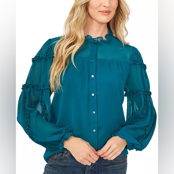 Cece Solid Ruffled-Sleeve Button-Down Blouse